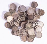A group of approximately 90 silver threepence coins. Including higher grade examples.