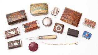 A collection of various snuff boxes, a silver plated vesta case and a horn handle penknife,