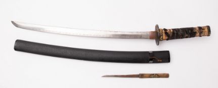 A Japanese Wakizashi short sword, the slightly curved single edge blade with hamon,