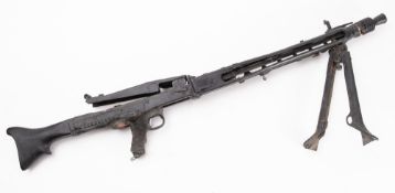 A wood and plastic model of a German MG42 machine gun. In black with folding bipod, 123cm long.