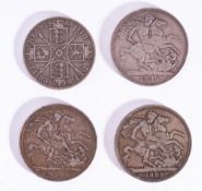 Two 1889 Victorian Crown coins. Together with an 1888 Double Florin and one other.