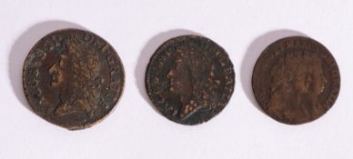 A 1693 Hibernia half penny and two James II gun money coins (3).