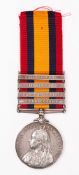 A Queens South Africa Medal with four clasps awarded to 6838 Serjt G Scanlon LN Lanc Regt.