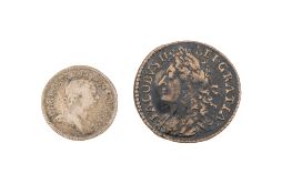 A 1689 Irish Gun Money halfcrown (Dec) and an 1805 Irish ten pence token.