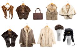 A white fur bolero style jacket, two stoles, a fur collared suede gillete , two fur hats etc.