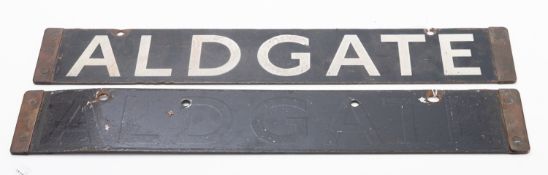 A 20th century double sided enamel railway sign 'Aldgate/Liverpool St.'.