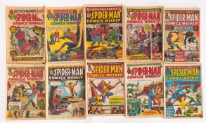 A collection of 1970s Spiderman comic books.