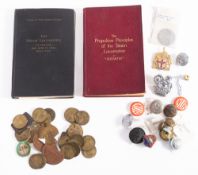 A collection of BR and other token and pay checks, together with an LNER cap badge, a BR cap badge,