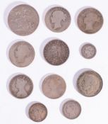A group of pre 1920 English coins including 1900 LXIV crown, 1880,1849, 1887 plus one halfcrown,
