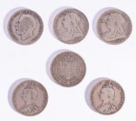 A group of six Half Crown coins. Comprising 1888, 1892, 1893, 1894, 1899 and 1915.