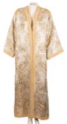 A Kaftan style dress, with gold colour embroidered hems and fastenings to the front,