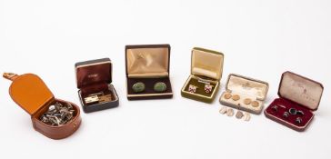 A mixed collection of cufflinks. Including silver, yellow metal and enamel examples, in six boxes.