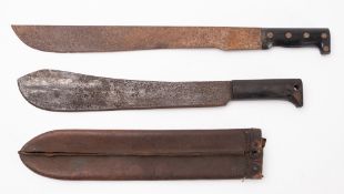 A British 1944 pattern machete with two piece grip in a brown leather scabbard together with one