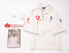 A match worn England cricket shirt signed by Alastair Cook from his debut Test Match in 2006.
