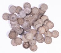 A group of approximately 65 Victorian silver 3d coins.