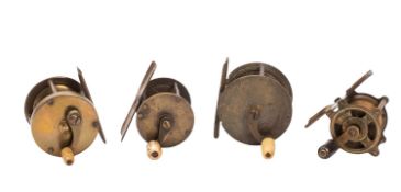 Two early 20th century 2 inch brass four bar reels, together with two other smaller brass reels,