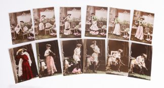 Two sets of early 20th century French hand tinted photograph striptease postcards:.