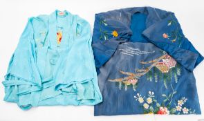 A Chinese blue silk and floral robe together with another later robe and two sections of Egyptian