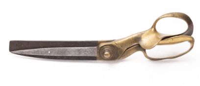 A pair of brass and steel tailor's scissors, maker T Wilkinson and Son, Sheffield. 34cm long.