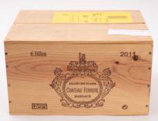 A case of six bottles of Chateau Ferriere Margaux 2011. In sealed wooden case.