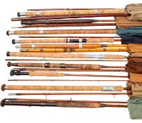 A group of ten various fishing rods, including a Bob Brooks of Hackney 'Maynard' 8' split cane rod,