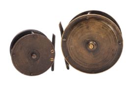 A Hope Brothers 3 1/2 inch all brass trout fly reel with single horn handle,