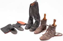 A jockeys Numnah together with three pairs of leather riding boots. One with trees.