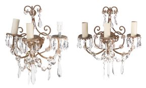 A pair of metal and glass-hung three light-wall appliques, in 18th century taste,