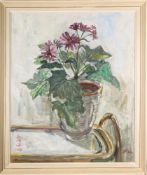 Aya Broughton (1912-1997) - Still life study of a plant pot and flowers - Oil on board - Signed