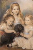 British School, 19th Century - A group portrait of three sisters seated outside with their dog