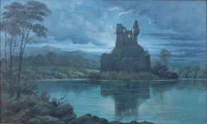 E H Jones (19th / 20th Century) - Ruins of a fort by a lake - Oil on canvas - Signed lower left -