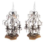 A pair of bronze and glass hung three-light candelabra in Louis Xv taste,