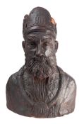 A sculpted terracotta bust of a king, early 20th century; portrayed in later years, fully bearded,