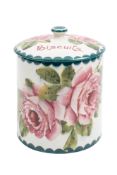 A Wemyss Pottery biscuit barrel painted with pink cabbage roses by David Grinton,