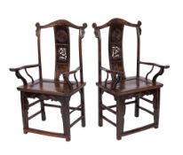 A pair of Chinese yoke-back open armchairs,