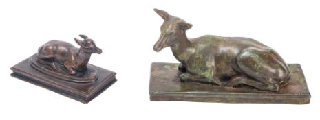 After Antoine-Louis Barye (French, 1795 - 1875), a patinated bronze model of a recumbent fawn,