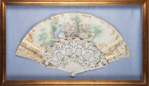 A painted paper and carved and gilt bone mounted fan,