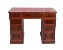 A Victorian walnut and crossbanded twin pedestal desk, the moulded top with inset panel,
