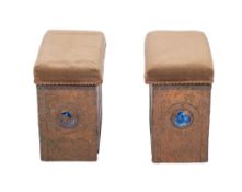 A pair of Arts and Crafts beaten copper and enamelled fender stools with padded upholstered hinged