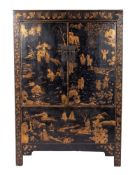 A Chinese black lacquer and gilt chinoiserie wedding cupboard,