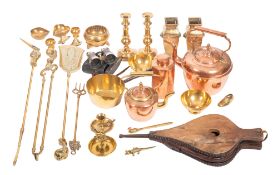 A collection of domestic metalwares, 19th and 20th century; including a Victorian copper kettle,