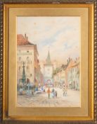 M J Hinson (20th Century school) - A view of Spalentor and Holbein's fountain, Basel,