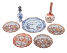 A mixed group of Oriental porcelain comprising a small blue and white bottle with later Dutch