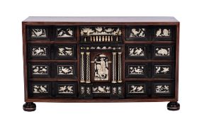 An early 18th century Italian walnut, ebonised and ivory inlaid architectural table cabinet
