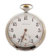 An open-faced nickel-plated Chronometre pocket watch