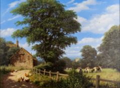 * Edward Hersey (British, 1948-) - Rural farm scene with cows and chickens