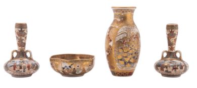 Four pieces of Japanese Satsuma earthenware comprising a hexagonal bowl painted with panels of