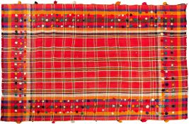 A Jayim Kelim, the tartan field in principal rose colour, with guard stripes in various colours,