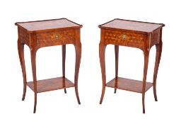 A pair of French kingwood, marquetry and parquetry occasional tables,
