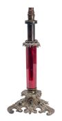 A William IV cranberry glass and bronze mounted table lamp,